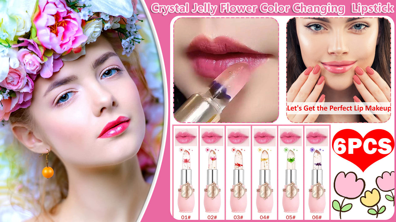 Pack of 6 Crystal Flower Jelly Lipstick, FirstFly Long Lasting Nutritious Lip Balm Lips Moisturizer Magic Temperature Color Change Lip Gloss (Pink)